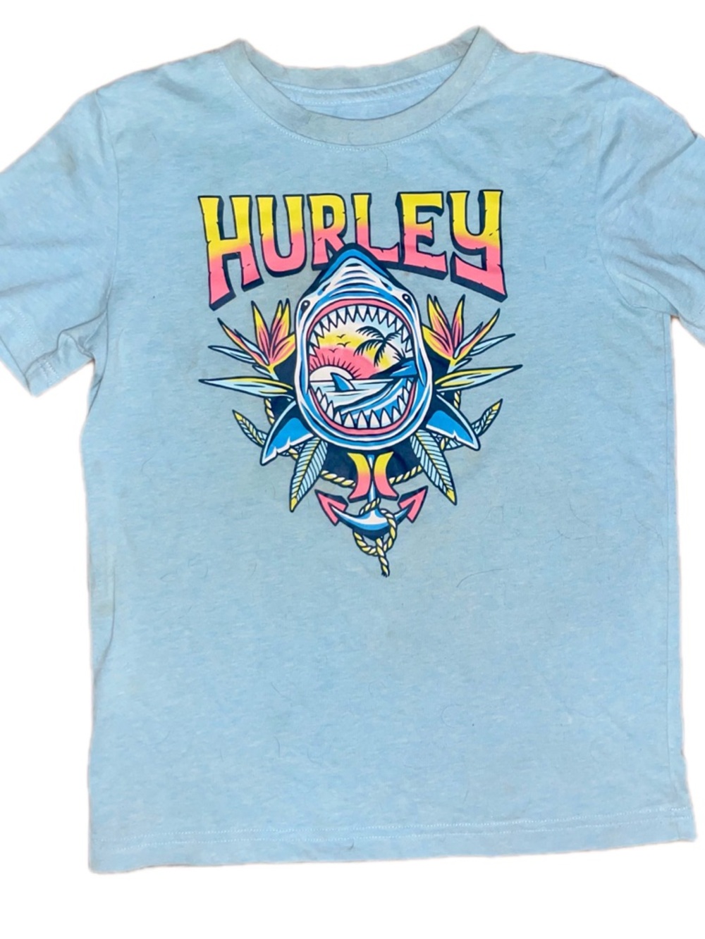 Hurley  Youth Light Blue Shark Graphic Tee with Neon Accents
